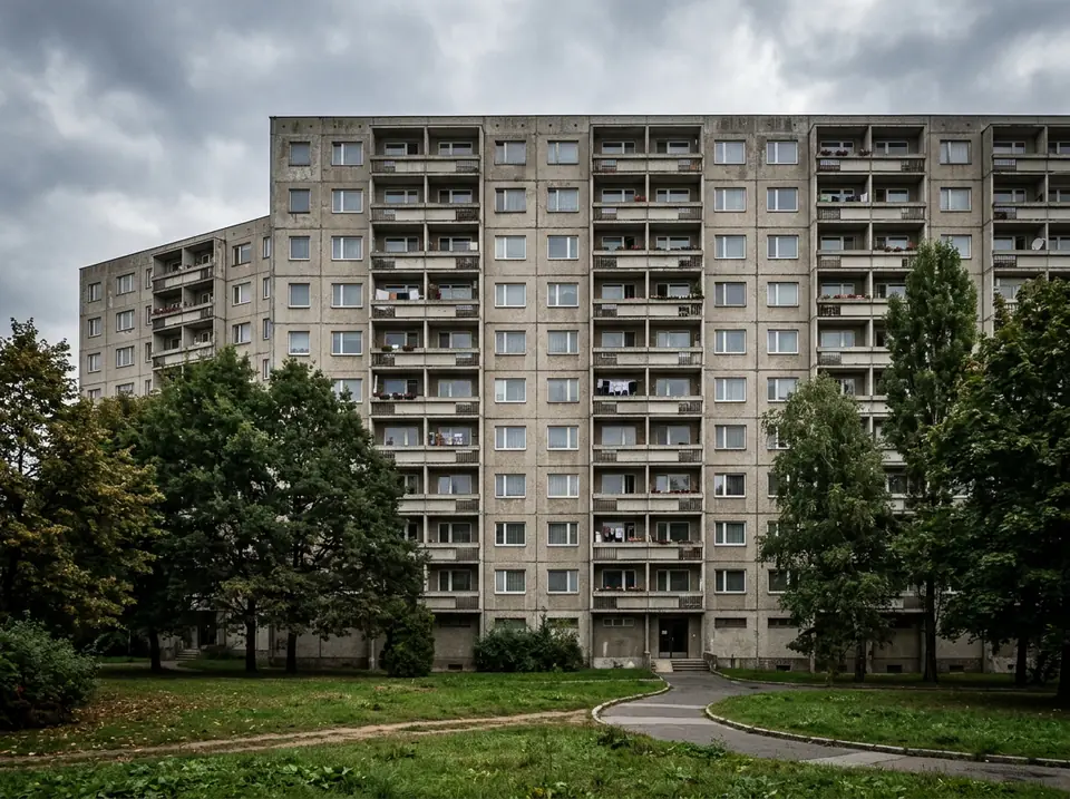 Többszintes panelház homlokzata erkélyekkel, előtte fák